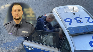 Zdjęcie jak składanka dwóch - po lewej portretu dzielnicowego Maszczaka, który został wklejony w zdjęcie z policjantem umieszczającego zatrzymanego w radiowozie.