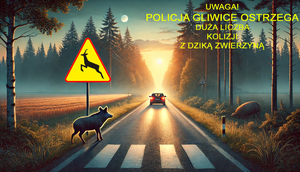 Na zdjęciu widzimy grafikę - droga przez las, po lewej dzik przed przejściem dla pieszych, widać znak uwaga dzikie zwierzęta a w tle samochód osobowy.