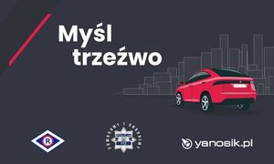 Plakat akcji Myśl trzeźwo.na czarnym tle widoczny jest czerwony pojazd i tekst akcji.