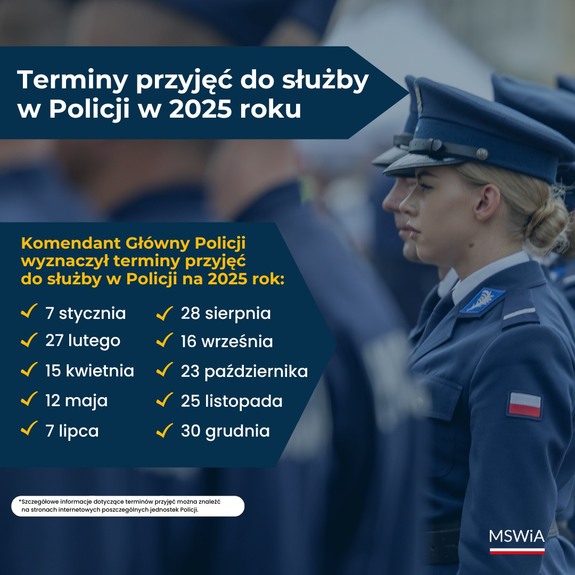 Na zdjęciu policjantka oraz napis komendant główny wyznaczył terminy przyjęć do służby w 2025 roku.