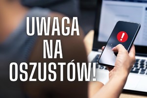 Awatar z napisem uwaga na oszustów, oraz ręka trzymająca telefon komórkowy.
