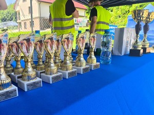 Na stole stoją puchary dla zwycięzców