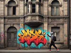 AWATRA PRZEDSTAWIAJĄCY BUDYNEK NA ŚCIANACH KTÓREGO WANDAL NANOSI GRAFITI