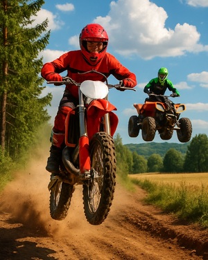 Plakat ilustrowany - na tle lasu widać dwa pojazdy motocykl i quad