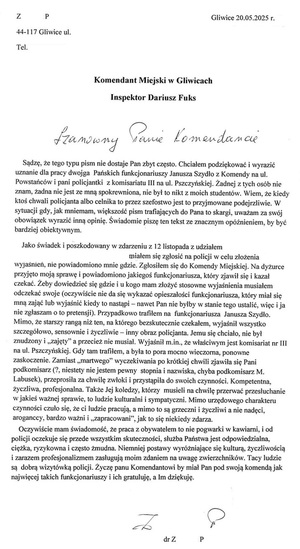 Podziękowania napisane na komputerze dla Policjantów