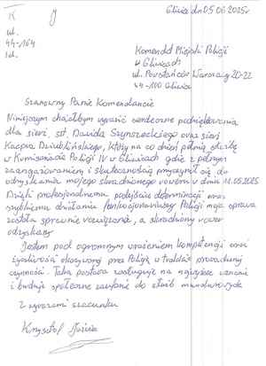 Podziękowania dla Policjantów napisane ręcznie