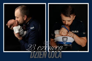 Plakat na dzień ojca: na zdjęciu mamy dwóch policjantów trzymających w rękach swoje dzieci.
