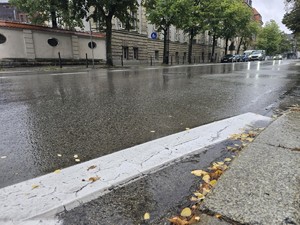 Na zdjęciu mokra po deszczu ulica, jadące po niej samochody. Na miejscach parkingowych zaparkowane pojazdy.