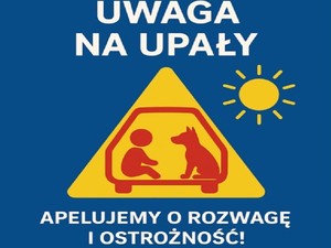 Awatar z dzieckiem i psem w samochodzie, napis uwaga na upały.