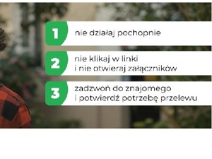 Plansza z napisem jak należy zachować się w sytuacji gdy ktoś prosi nas poprzez wiadomość tekstową o przesłanie pieniędzy.