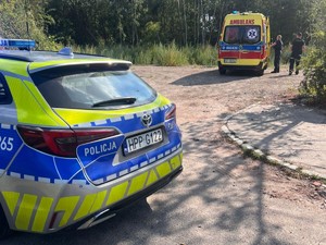 W tle stoi karetka pogotowia, radiowóz policyjny. Do karetki idą policjanci.