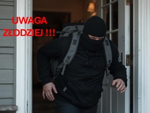 Awatar-mężczyzna w kominiarce z plecakiem na plecach wybiega z domu. Obok napis Uwaga złodziej !!!