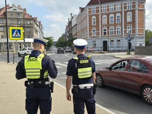 Dwóch umundurowanych policjantów stoi tyłem przy przejściu dla pieszych