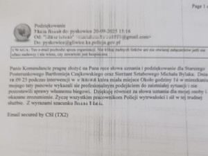 Treść podziękowań przesłana do pyskowickich policjantów.
