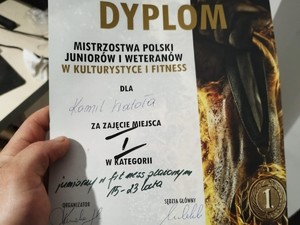 Dyplom za zajęcie 1 miejsca w zawodach ogólnopolskich fitness i kulturystykli.