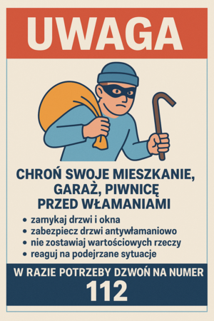 Plakat informujący aby chronić mieszkanie, piwnicę i garaż przed włamaniami.