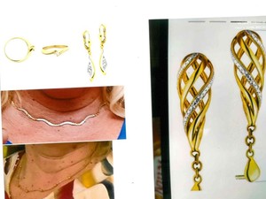 Na zdjęciu złota biżuteria, w tym kolczyki, łańcuszki i pierścionek, które uległy kradzieży.