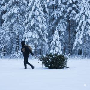 Mężczyzna ciągnie choinkę z lasu-awatar