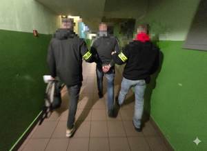 Zatrzymany wyprowadzany jest przez policjantów z pomieszczenia dla osób zatrzymanych