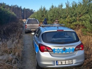 Policjant w lesie podczas patrolu w lesie. Obok stoją pojazdy Straży Leśnej i Policji
