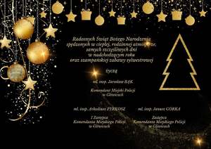 Kartka Świąteczna z życzeniami:
Radosnych Świąt Bożego Narodzenia 
samych szczęśliwych dni 
w nadchodzącym roku
oraz szampańskiej zabawy sylwestrowej.