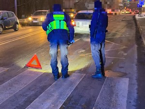 Jezdnia na której stoi dwóch policjantów w rejonie przejścia dla pieszych