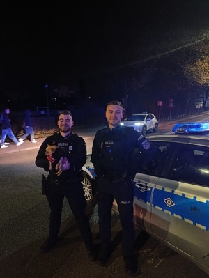 na zdjęciu widać dwóch umundurowanych policjantów stojących przed radiowozem oznakowanym z małym psem rasy Chihuahua