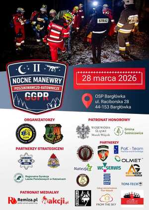 Plakat dotyczący nocnych manewrów grupy poszukiwawczej z logami wszystkich partnerów