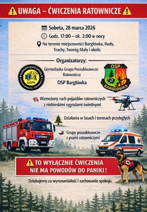 Kolejny plakat mówiący o nocnych manewrach w okolicy Bargłówki i okolic.