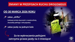 Plakat mówiący o zmianach w ruchu drogowym od 30 marca 2026 roku - zakaz tak zwanego driftu i jazdy na jednym kole.