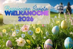 plakat na którym widać pisanki na łące z napisem Wielkanoc 2026