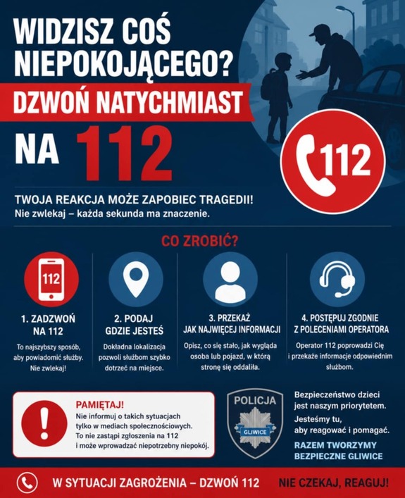 Infografika z instrukcja w jaki sposób powiadamiać służby o sytuacji zagrożenia.