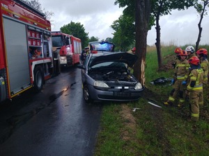 Miejsce po zdarzeniu drogowym. Na jezdni stoi samochód osobowy oraz straż pożarna