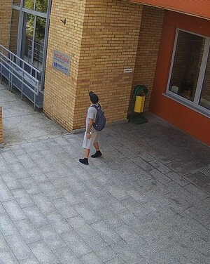 Mężczyzna w czapce bejsbolówce i koszulce i w spodenkach stojący przed budynkiem. Na plecach ma plecak.