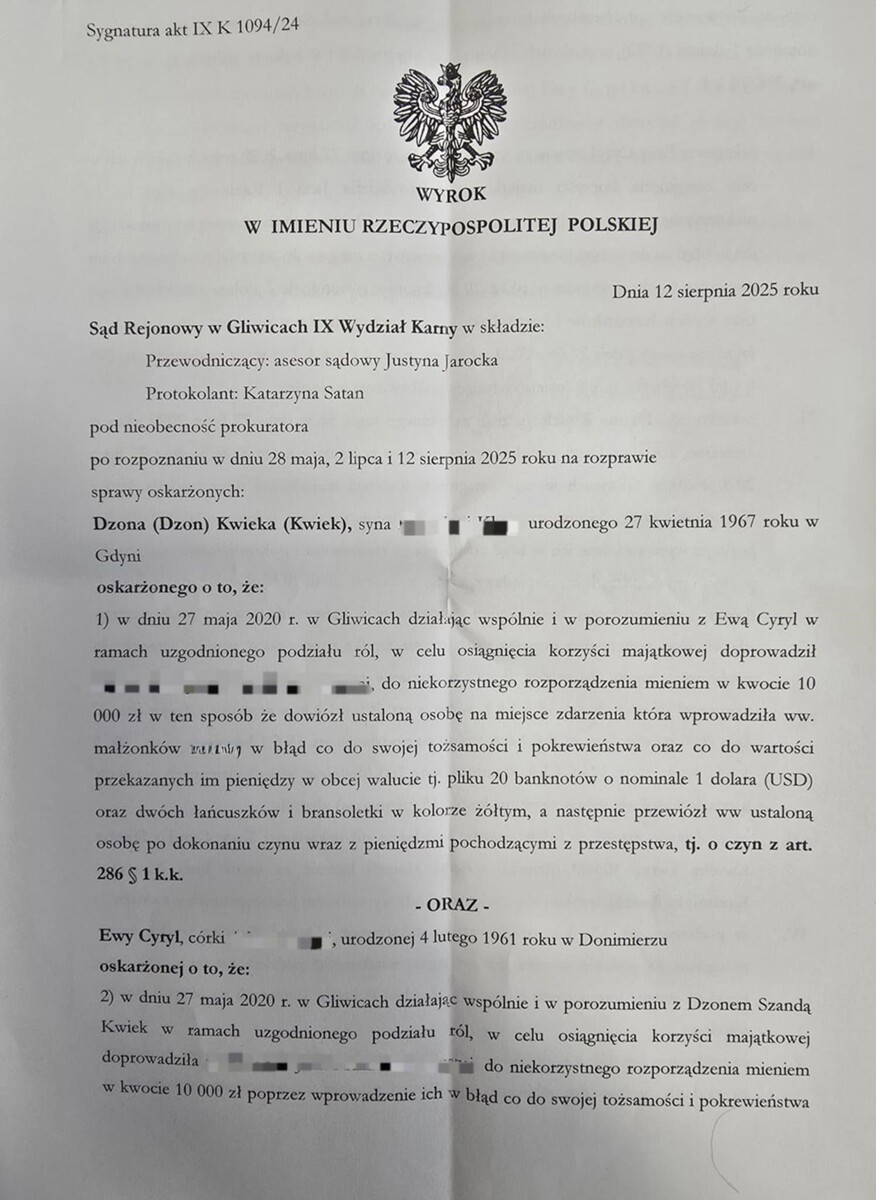 Wyrok skazujący dla Dzona Kwieka i Ewy Cyryl za oszustwo w Gliwicach